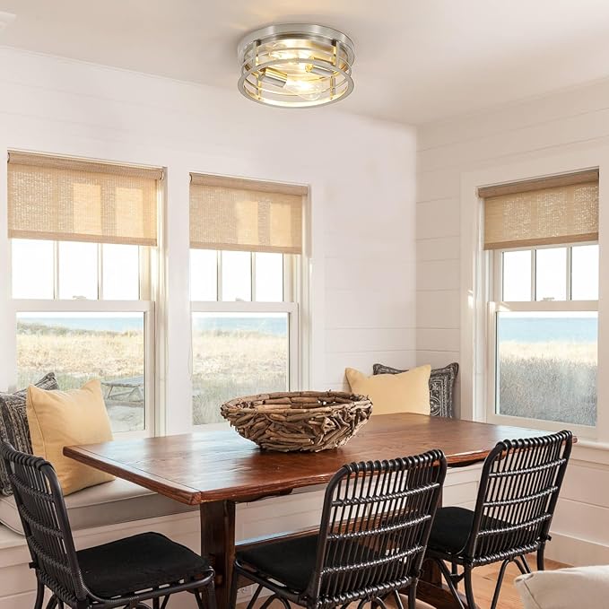 2-Light Round Flush Mount Ceiling Light, Farmhouse Brushed Nickel Metal Cage Close to Ceiling Light Fixture, 11inch E26 Base Semi Ceiling Mount Lamp, Modern Pendant Lighting for Porch Hallway