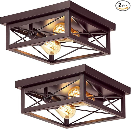 Brown Hallway Light Fixtures Ceiling, 2-Light Farmhouse Industrial Flush Mount Ceiling Lights, 2-Pack Modern Metal Kitchen Light Fixtures, Close to Ceiling Lights for Bedroom Living Room Entryway