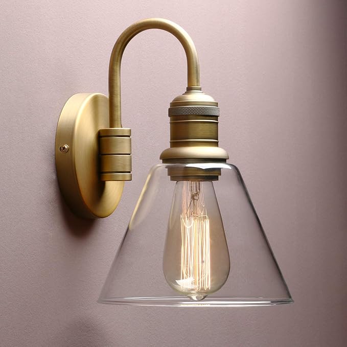 Yosoan 1-Light Brass Modern Vintage Indoor Wall Sconce, Vanity Single Luxury Hardwired Retro Textured Clear Funnel Flared Glass Shade with Industrial Curved Rod Bathroom Lamp(Antique)