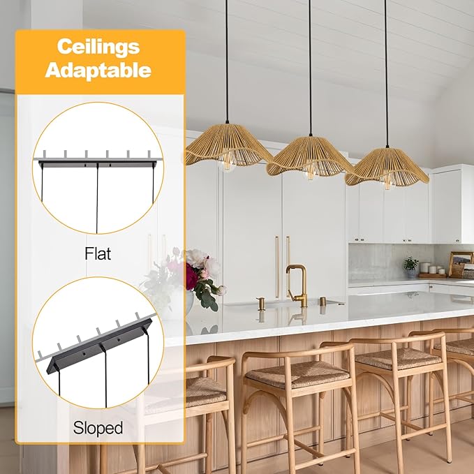 TERLEENART Bobo 3 Light Pendant Light, Hard Wired Hanging Chandelier with 12” Flower Paper Rope Rattern Shade,Suspended Lighting Fixture for for Kitchen Island Dining Bedroom Living Room Restaurants
