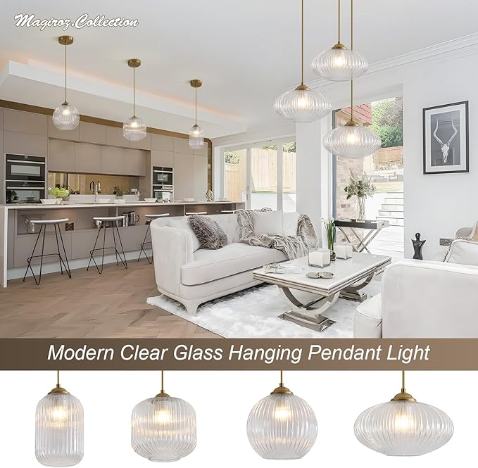 Mid Century Clear Glass Pendant Lights Kitchen Island Modern Brushed Gold Hanging Light Fixture Vintage 1 Light Single Indoor Round Pendant Lighting Adjustable Globe Hanging Lamps MPL30-D