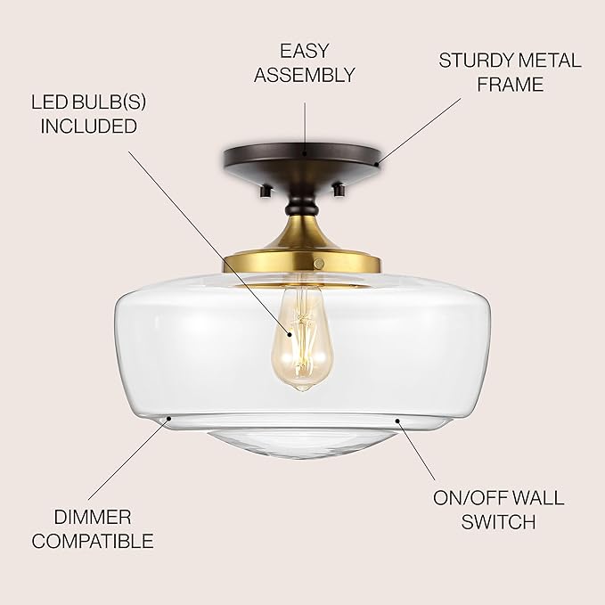 JONATHAN Y 14" Oil Rubbed Bronze/Brass Gold Modern Farmhouse LED Flush Mount Light Fixture, Clear Glass Shade, Rustic Industrial Schoolhouse Lamp for Kitchen Hallway Bedroom (JYL7517E)