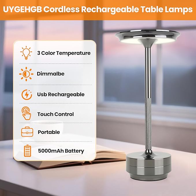2-Pack Cordless Table Lamp Rechargeable 5000mAh, 3-Color Stepless Dimming Touch Sensor, Portable LED Desk Light for Bedroom, Nightstand, Camping, Patio (2-Pack Pearl Black)