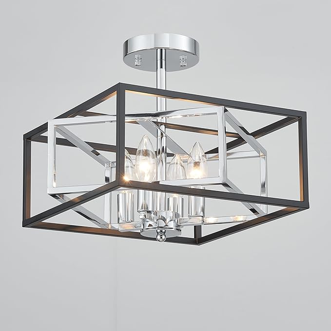 Square Ceiling Light, 4-Light Flushmount Modern Close to Ceiling Light Fixture for Living Room, Bedroom, Dining Room, L13 x W13 x H10 inch, Black & Silver Finish Frame