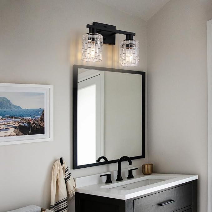 2 Light Matte Black Bathroom Vanity Light Over Mirror, Modern Vanity Lighting with Crystal Glass Shade, Wall Mount Bathroom Light Fixtures, E26 Base