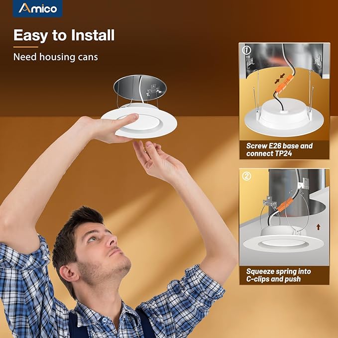 Amico 12 Pack 6 inch 5CCT LED Recessed Lighting with Night Light, 12.5W=100W, 1000LM Can Lights with Baffle Trim, Dimmable, Retrofit Downlight, 2700K/3000K/3500K/4000K/5000K Selectable - ETL & FCC