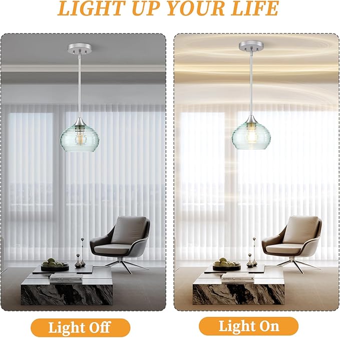 Pendant Lights Kitchen Island, Single Pendant Lights with Adjustable Height 5"-42", Pendant Light Fixtures with Green Glass Shade, Green Pendant Light for Living Room Bedroom Dining Room E26 Base