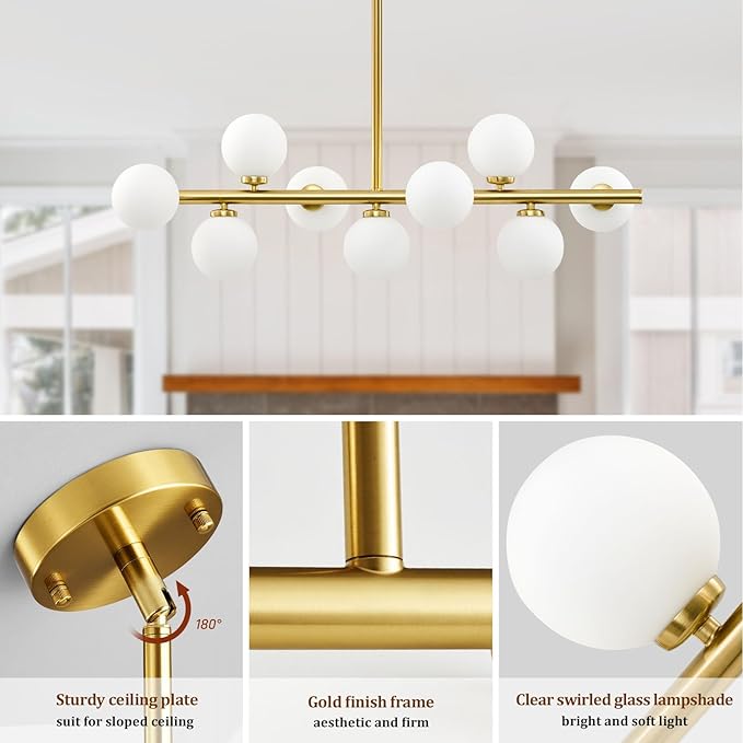 Mid Century Modern Sputnik Chandeliers: 9-Light Linear Brass Gold Dining Room Light Fixture - 40" Long Milk White Glass Globe Modern Pendant Chandelier Lighting for Living Room Kitchen Island Table