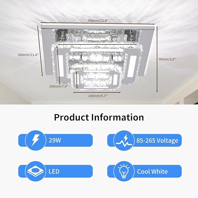 FRIXCHUR Crystal Chandelier LED Crystal Ceiling Light 2 Layers 12 inch Flush Mount Ceiling Light Modern Chandeliers Lighting for Bedroom Hallway Staircase Kitchen Closet (Cool White)