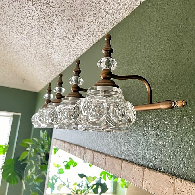 Vintage Vanity Light Fixtures, 4-Light Bathroom Lighting with Crystal Glass Lampshade, Matte Brushed Antique Brass Finish, Vanity Lights for Bathroom Bedroom Hallway