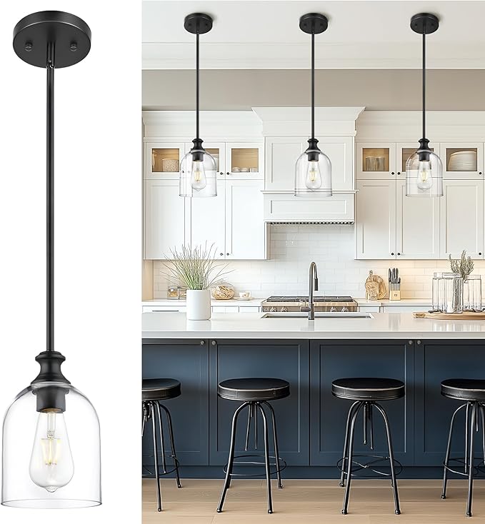 AUTELO Black Pendant Lights Kitchen Island, 1-Light Pendant Lights in Black Finish with Clear Cylinder Glass, Modern Pendant Light Fixtures, Hanging Lamp for Kitchen Island H2511 CLBK