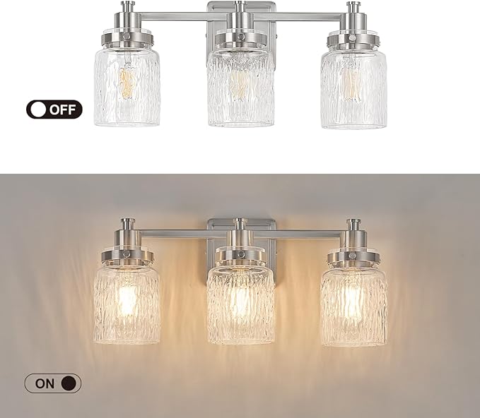 3 Lights Bathroom Light Fixtures Farmhouse Brushed Nickel Vanity Lights for Bathroom Lighting Fixtures Over Mirror with Hammered Glass Lampshade for Cabinet Mirror Bedroom Hallway