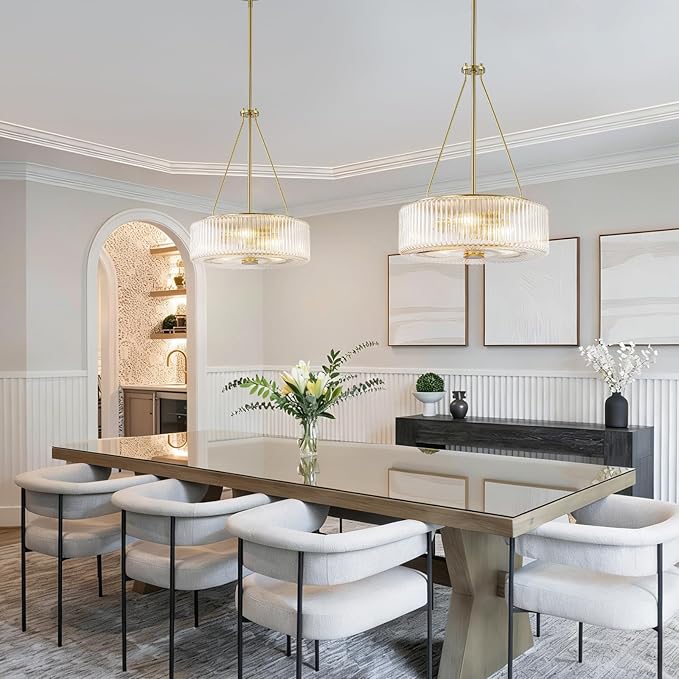 13.9 inch Gold Pendant Lights Kitchen Island,Mid-Century Modern Chandelier with Clear Striped Glass Shades,3-Light Round Dining Room Light Fixture for Living Room,Bedroom,Kitchen,Hallway,Bathroom