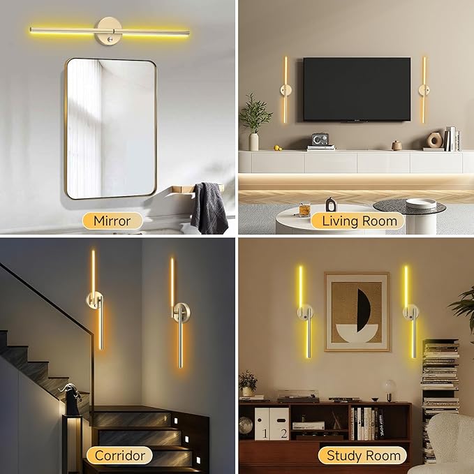 Battery Operated Wall Sconce,Wireless Wall Lights with Remote, 360°DIY Rotatable RGB Lamp with Timer, 3000K-6500K LED Dimmable Wall Decor for Vanity, Living Room, Hallway Gold