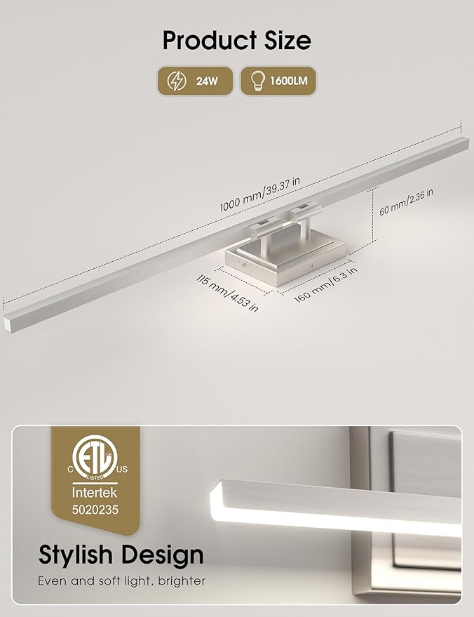 VOLISUN Modern Bathroom Vanity Light 39.4 inch, Rotatable, 24W Dimmable 5CCT Led Bathroom Light Fixture Over Mirror, Brushed Nickel Bar Vanity Light for Bathroom Mirror Cabinets-ETL Certificated