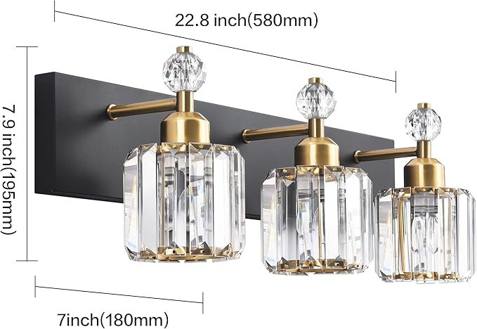 PRESDE Crystal 3 Light Bathroom Vanity Lights Black and Gold Bathroom Lights Fixtures Over Mirror Modern Bath Wall Lighting