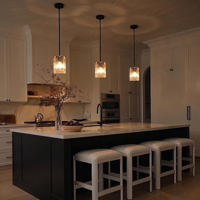 3 Pack Modern Black Pendant Light Over Kitchen Island, Hand-Made Water Ripple Glass Chandelier, Matte Black Adjustable Hanging Ceiling Light Fixture for Dining Room, E26 Base, 6" x 83"