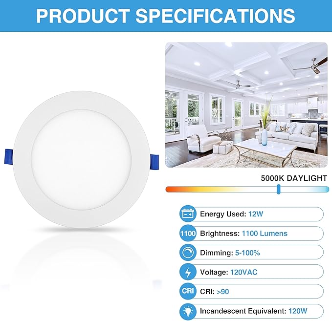 ECOELER 6 Inch Slim Recessed Lighting with Junction Box, Dimmable Recessed Can Lights, 5000K Daylight, 12W 1100Lm Dimmable LED Downlight, ETL & FCC Listed