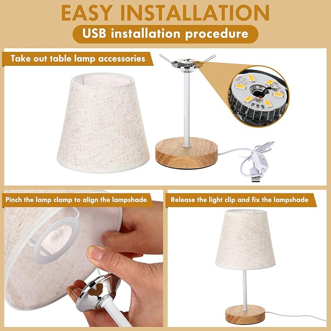 Gerrii 4 Pcs Small Bedside Table Lamp, Wooden Bedroom Tiny Lamp with Linen Shade, Mini Desk Night Light for Bedroom, Living Room, Kids Room Kitchen Counter (White)