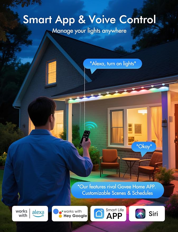 124FT Permanent Outdoor string Lights, Smart RGB Color-Changing Eaves Lights with 72 LED, IP67 Waterproof Exterior Lights, App Control for House Roof & Trim, DIY Modes for Christmas Holidays Lighting