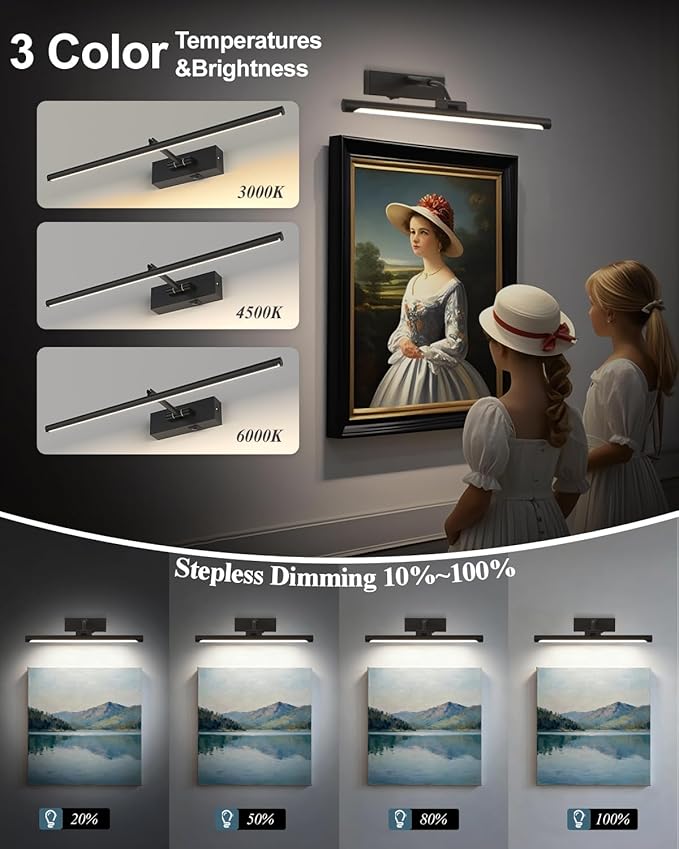 Picture Lights for Wall Battery Operated,16 Inch Black Wireless Rechargeable Art Lights for Pictures,3CCT Dimmable Retractable Painting Light with Remote & Timer,Glare-Free for Gallery Light