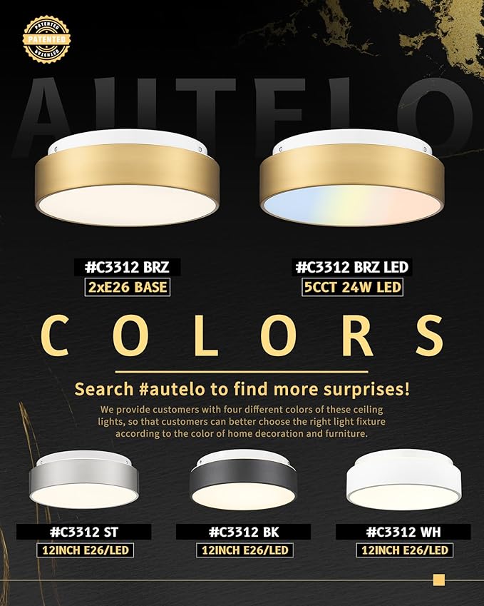 AUTELO 2 Pack 12" Ceiling Light, Gold Flush Mount Ceiling Light, Light Fixtures Ceiling Mount with Frosted Glass in Brushed Gold Finish, Ceiling Light Fixture for Bedroom, C3312 BRZ E26-2P