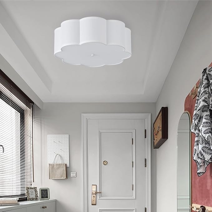 17.7" Semi Flush Mount Ceiling Light Fixture, 3-Light Modern Close to Ceiling Light with Fabric Flower-Shaped Shade, Light Fixtures Ceiling Mount for Bedroom Nursery(White)