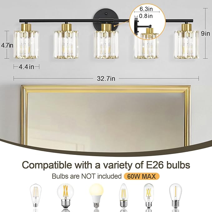 Crystal Bathroom Light Fixtures, Bathroom Lighting Fixtures Over Mirror, Modern Black Gold 5-Light Vanity Lights for Mirror,Restroom, Bedroom (Ceramic E26 Socket,Bulbs Not Include)