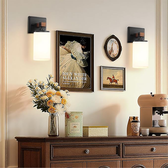 Wall Sconces Set of 2, 1 Light Farmhouse Rustic Vanity Light for Bathroom, Wood Grain Rustic Wall Lights Fixtures with White Shade for Mirror, Bedroom, Living Room, E26, Hardwired(Bulbs Not Included)