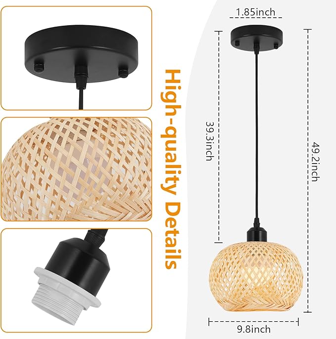 Boho Pendant Light Battery Operated,Rechargeable Woven Pendant Light with Remote,Rattan Pendant Light Fixtures for Kitchen Island,Wicker Hanging Lights for Dining Room Bedroom Hallway Entryway.