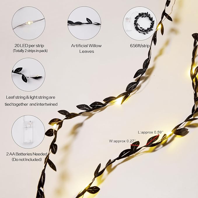 Leaves String Lights Black 6.56ft 20 LED Tiny Artificial Ivy Leaf Vine with Fairy Lights Battery Operated for Room Decor Bedroom Wedding Holiday Party Table Decor, 2PCS