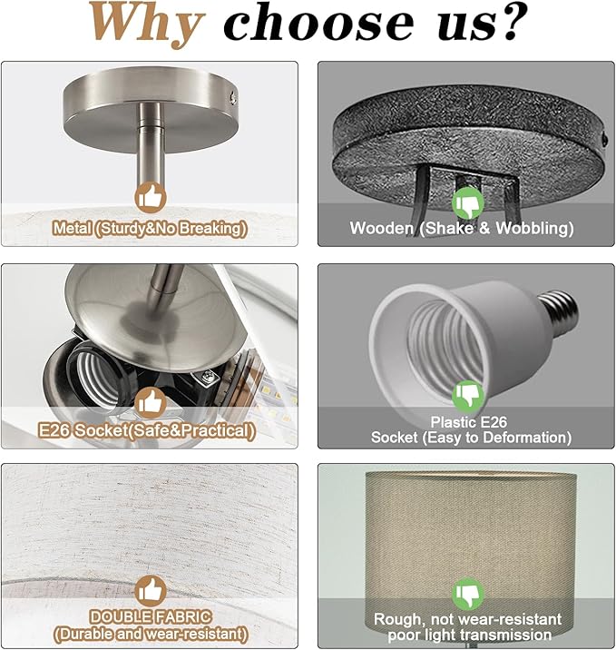 BUXVRCS Semi Flush Mount Ceiling Light Fixture, 3-Light Double Drum Lighting Fixtures with Fabric Shade, 16" Modern Light Fixtures Ceiling Mount Close to Ceiling Light for Bedroom (Brushed Nickel)