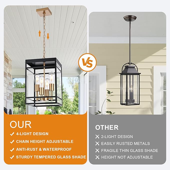 VINLUZ 16" Outdoor Pendant Light with Adjustable Chain, 4-Light Black and Gold Finish Outdoor Hanging Light Fixture, Exterior Hanging Lantern Chandelier for Entryway Patio Garden