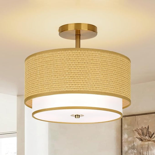 Boho Light Fixtures Woven Rattan-Style Flush Mount Ceiling Light, 12.6inch Closed to Ceiling Light Fixture with 2-Tier Drum Design for Bedrooms, Kitchen, Dining Room, Hallway