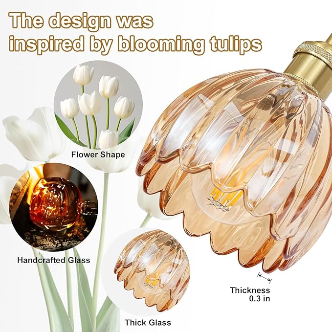 Vintage Bathroom Light Fixtures,3-Light Hardwired Vanity Lights with Amber Tulip Glass Shade,Gold Bathroom Vanity Light for Mirror Restroom,E26 Socket,18.5 in(Bulbs Not Included)