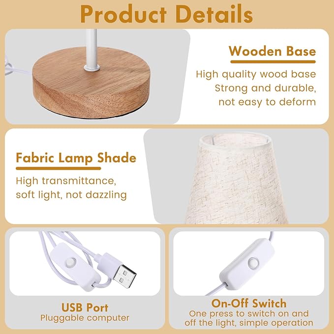 Gerrii 4 Pcs Small Bedside Table Lamp, Wooden Bedroom Tiny Lamp with Linen Shade, Mini Desk Night Light for Bedroom, Living Room, Kids Room Kitchen Counter (White)