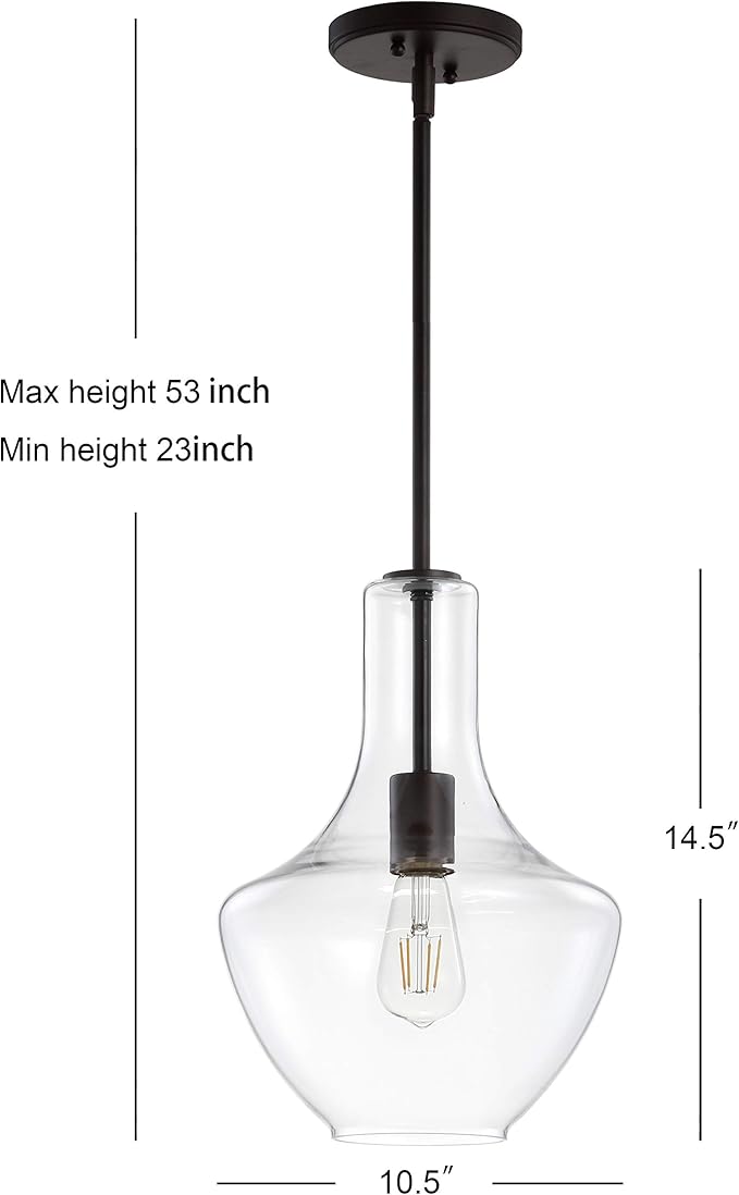 JONATHAN Y 10.5" Oil Rubbed Bronze/Clear Mid-Century Modern 1-Light LED Pendant Light Fixture, Adjustable Schoolhouse Hanging Lamp for Kitchen Island, Clear Glass Shade, LED Bulb Included (JYL6400B)