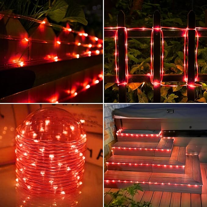 Jnaurb Solar Rope Lights, 2 Packs Total 132ft 400LED Solar String Lights, 8 Modes Waterproof Solar Outdoor Light, Flexible Clear Trampoline Light for Garden Backyard Patio Deck Pool Tree Decor - Red