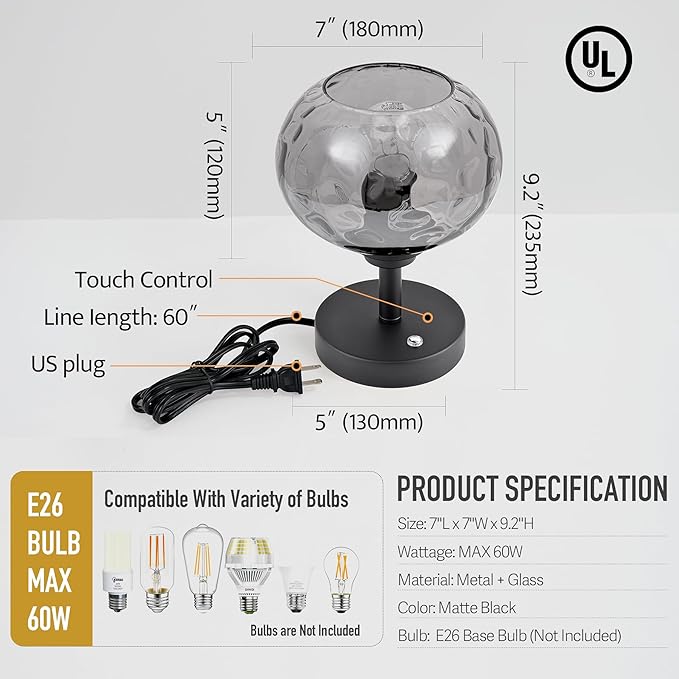 Touch Control Hammered Glass Table Lamp Matte Black Portable Dimmable Brightness Small Nightstand Light 3-Way Stepless Dimming Bedside Bedroom Living Room