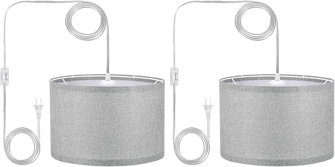 PATIKIL Plug in Pendant Light, 2 Pack 15Ft Rope Cord Hanging Lamp Fixture with ON/Off Switch, Linen Fabric Shade E26/E27 Bulb Socket for Bedroom Kitchen Living Room, Dark Gray
