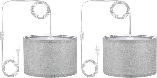 PATIKIL Plug in Pendant Light, 2 Pack 15Ft Rope Cord Hanging Lamp Fixture with ON/Off Switch, Linen Fabric Shade E26/E27 Bulb Socket for Bedroom Kitchen Living Room, Dark Gray