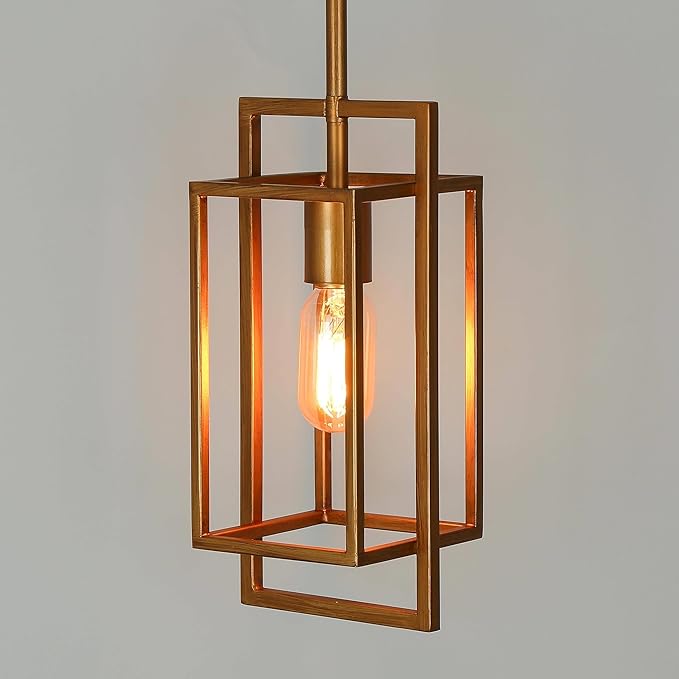 KSANA Antique Gold Pendant Lighting, Modern Golden Geometric Cage Hanging Light Fixture for Kitchen Island, Foyer, Dining Room and Hallway