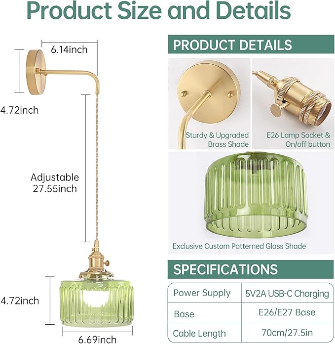 Shenmoyl Battery Operated Wall Sconce with Green Striped Shade Pattern Glass Adjustable Chain Retro Gold Wall Mounted Light, Modern Wall Decor for Bedside Bedroom Indoor Doorway， Set of 2