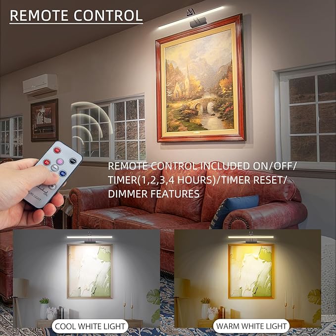 RAIFOOLLY Picture Light, Picture Lights for Wall Cordless, 13inch Picture Lights with Timer and Dimmable, 5000mAh Battery Wall Lights for Display Gallery Painting Art Frame Portrait - Black