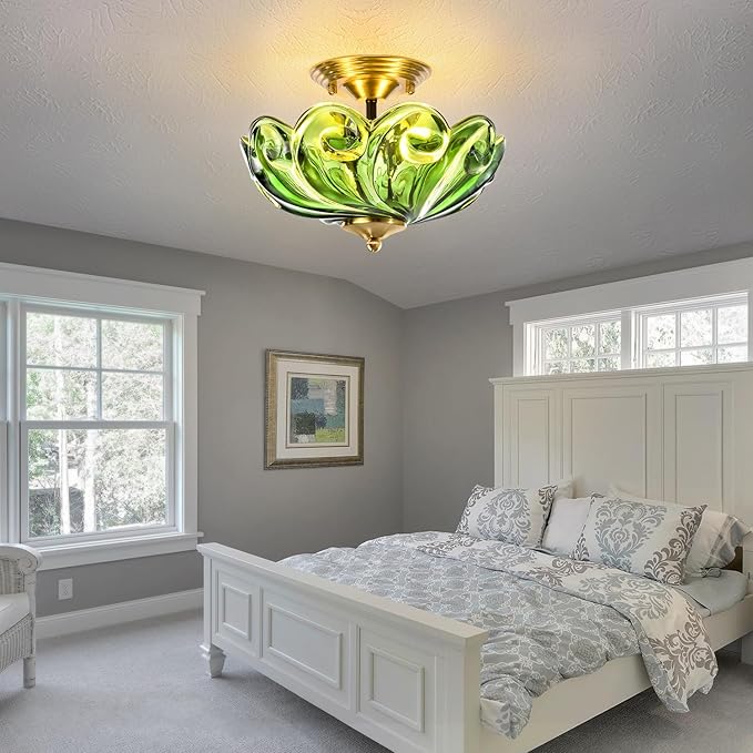 HuixuTe Modern Semi Flush Mount Ceiling Light, 3-Light Gold Close to Ceiling Light Fixture with Green Glass Shade for Living Room Entryway Bedroom