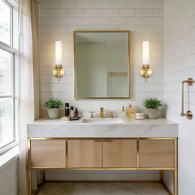 LaLuLa Wall Sconce Set of 2, Vanity Lights for Bathroom, Modern Brushed Gold, Knurled Detail, Frosted Glass Cylinder Shade, E26 Base, Hardwired, Up or Down Mount, Gold Wall Sconces for Hallway Bedroom