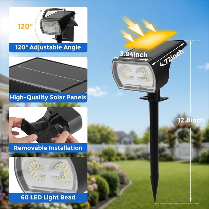 Solar Lights Outdoor Waterproof, 4 Pack 60 LED Solar Spot Lights Outdoor, Dusk to Dawn Light Sensor, 3 Lighting Modes, IP65 for Outside Pathway Yard Garden and Landscape（Cool White）