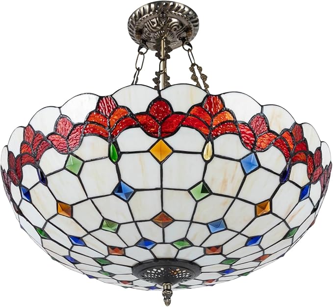 Vintage Pendant Light Fixtures, 20 Inch Stained Glass Hanging Lamp 100-240V Antique Style Ceiling Mount Fixture for Dining Room Living Room Kitchen Entryway-E26