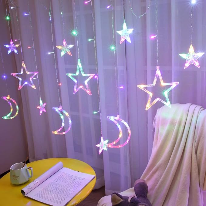 138 Led Curtain String Light Star Moon Icicle Light with 8 Lighting Modes with Timer Remote USB Operated Dimmable Fairy String for Window Wall Home Decoration