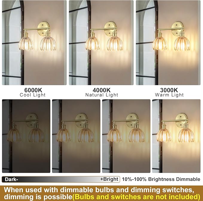 Vintage Bathroom Light Fixtures,2-Light Hardwired Vanity Lights with Amber Tulip Glass Shade,Gold Bathroom Vanity Light for Mirror Restroom,E26 Socket,14.57 in(Bulbs Not Included)